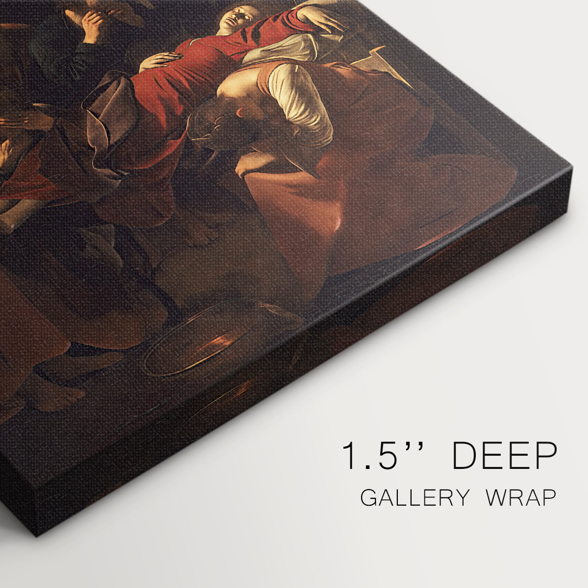 Close-up of a gallery-wrapped canvas corner showing a powerful scene with emotional figures and soft illumination, highlighting texture and print detail.