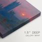 Canvas art print of a silhouette of Parliament buildings against glowing sunset across river, highlighting texture and gallery-wrapped edges
