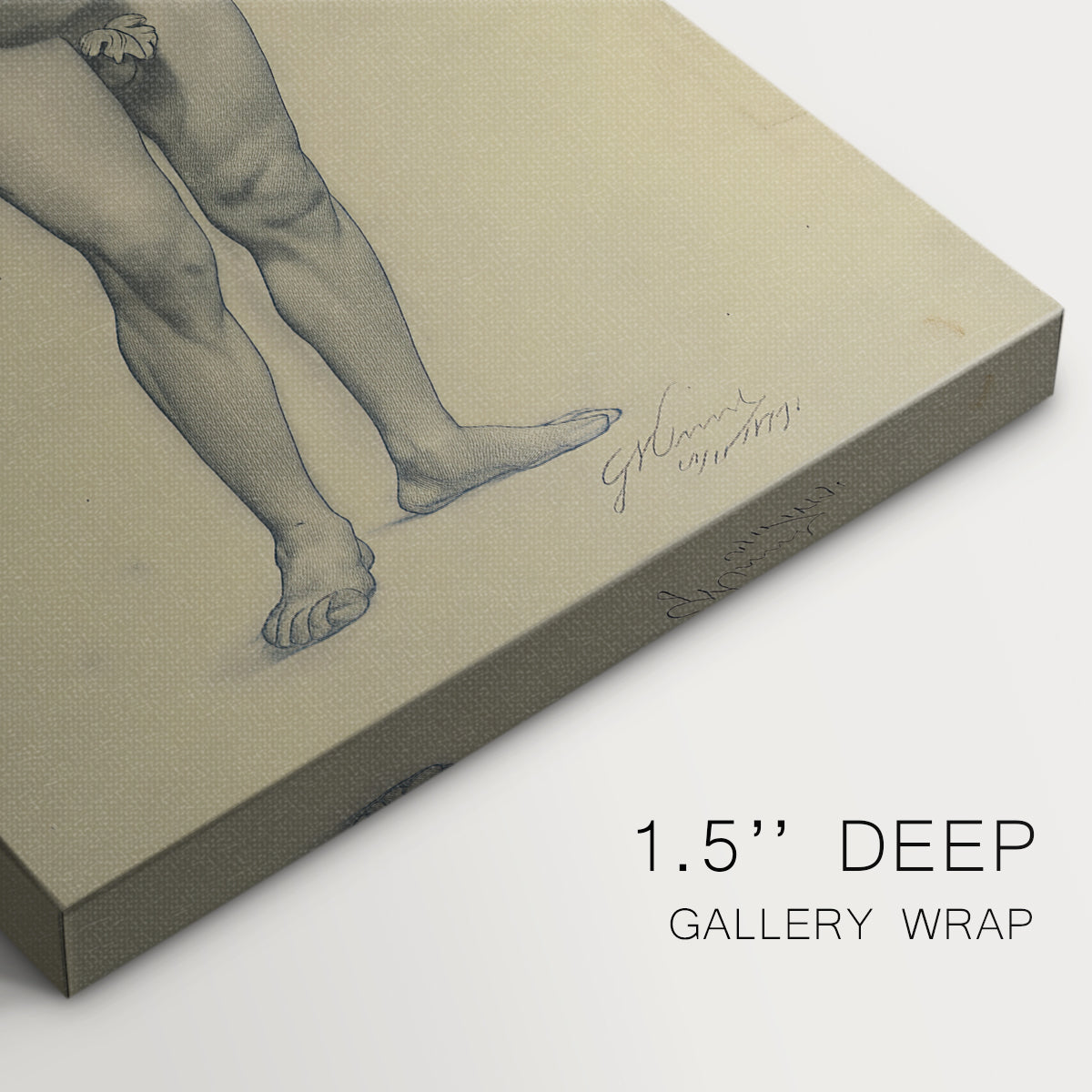 Close-up of a gallery-wrapped canvas corner showing a calm study with subtle anatomical detail, highlighting texture and print detail.
