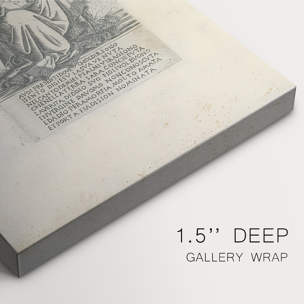 Close-up of a gallery-wrapped canvas corner showing a balanced engraving with decorative elements, highlighting texture and print detail.