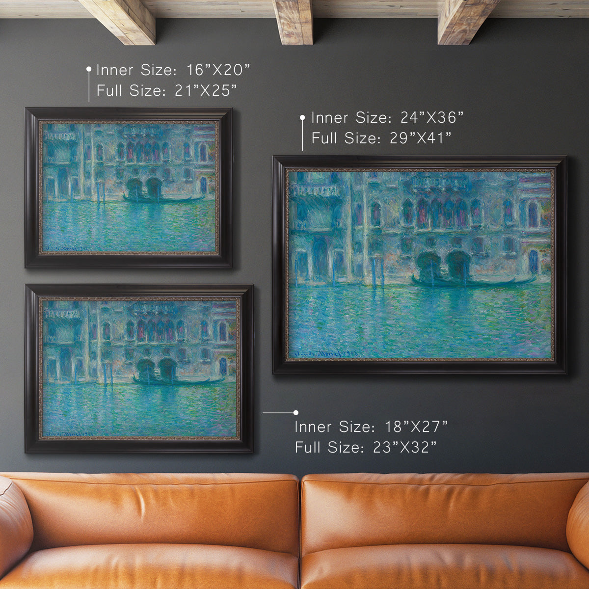 Impressionist Venetian palace waterfront scene by Claude Monet in an ornate black frame with gilded inner detail shown in multiple size options.