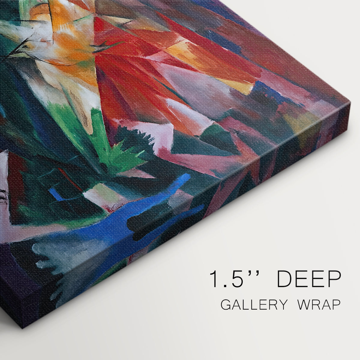Close-up of a gallery-wrapped canvas corner showing a dynamic composition with color-driven forms, highlighting texture and print detail.
