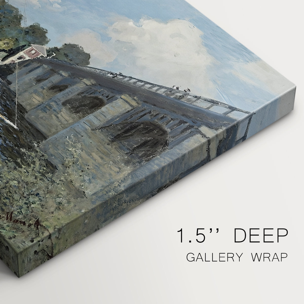 Canvas art print of a bridge spanning river with sailboats and reflections in bright daylight, highlighting texture and gallery-wrapped edges