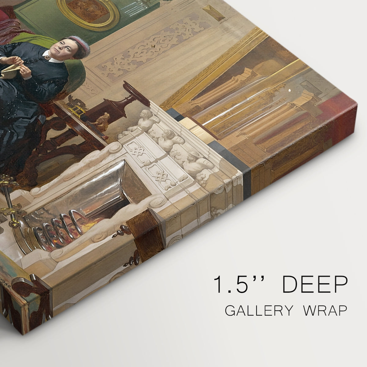 Canvas art print of a family seated together in interior room engaged in quiet activity, highlighting texture and gallery-wrapped edges