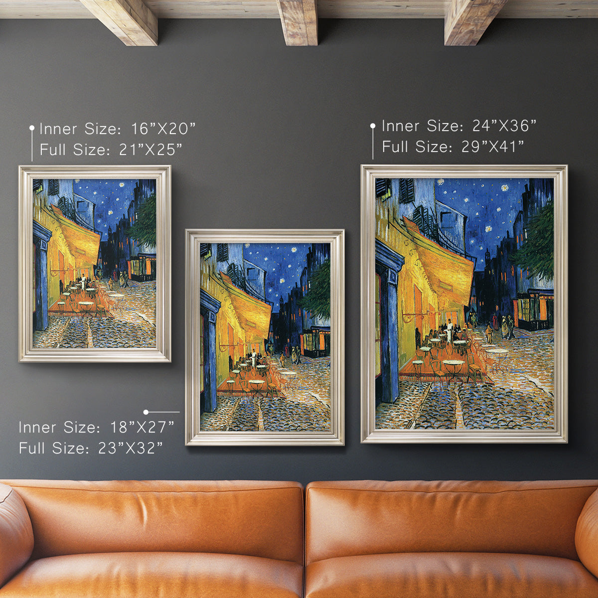 Impressionist night café street scene by Vincent van Gogh in an ornate champagne frame shown in multiple vertical size options.