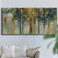 Three-panel canvas wall art featuring earth toned abstract leaf textures, displayed in a living room above a sofa.