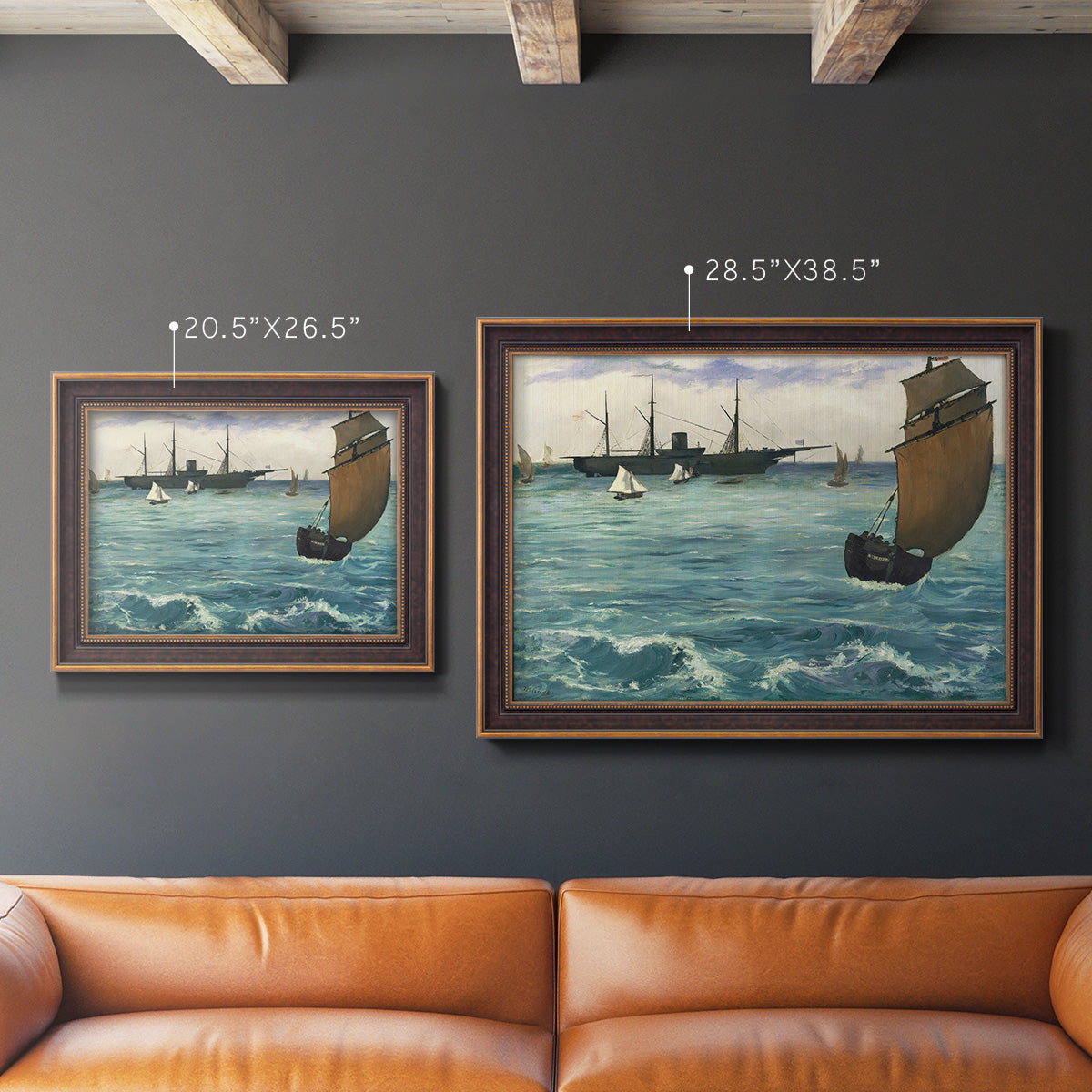 Impressionist naval seascape with the Kearsarge by Édouard Manet in an ornate bronzed mahogany wood frame shown in multiple size options.