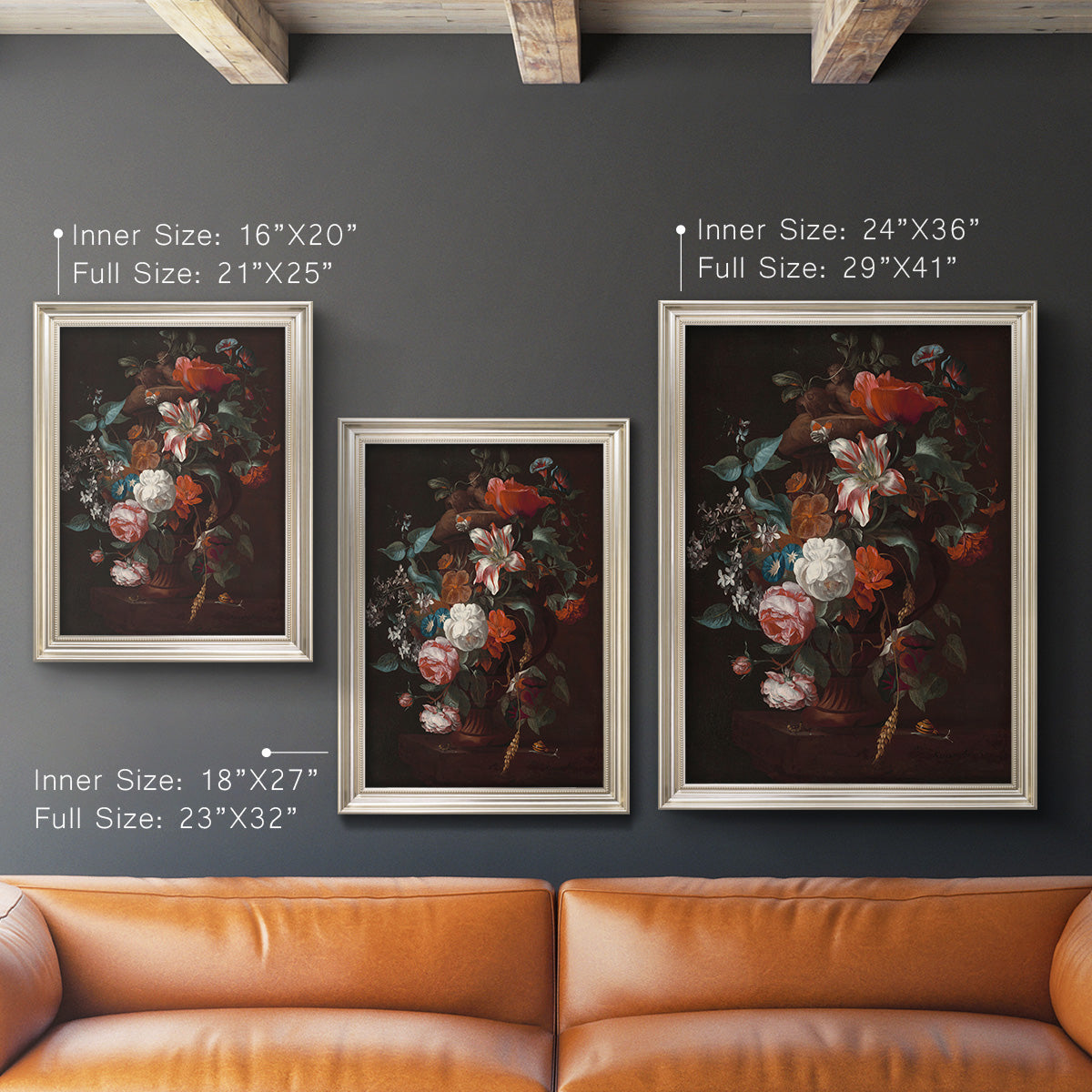 Classical floral still life painting by Jan van Huysum in an ornate champagne frame shown in multiple vertical size options.