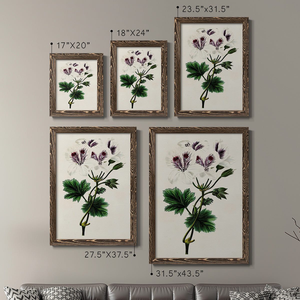 Size comparison chart for a set of two walnut barnwood framed canvas prints.