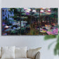 Three-panel canvas wall art featuring water lilies with willow reflections, displayed in a living room above a sofa.