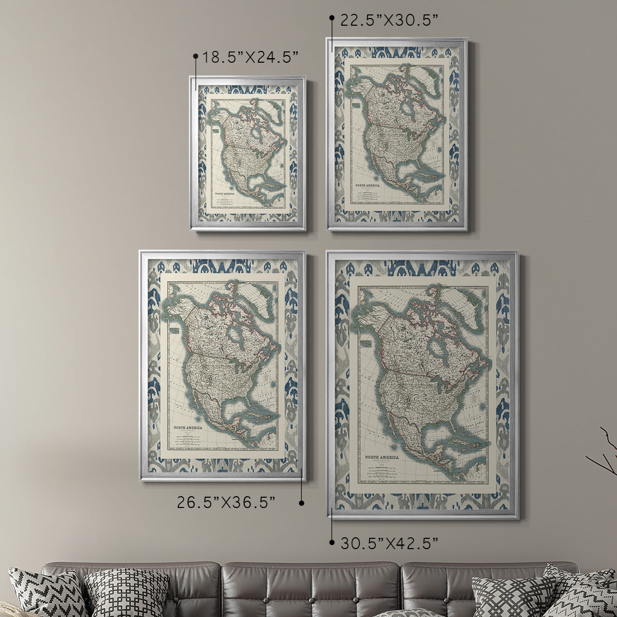 Bordered Map of North America - Modern Framed Canvas Print
