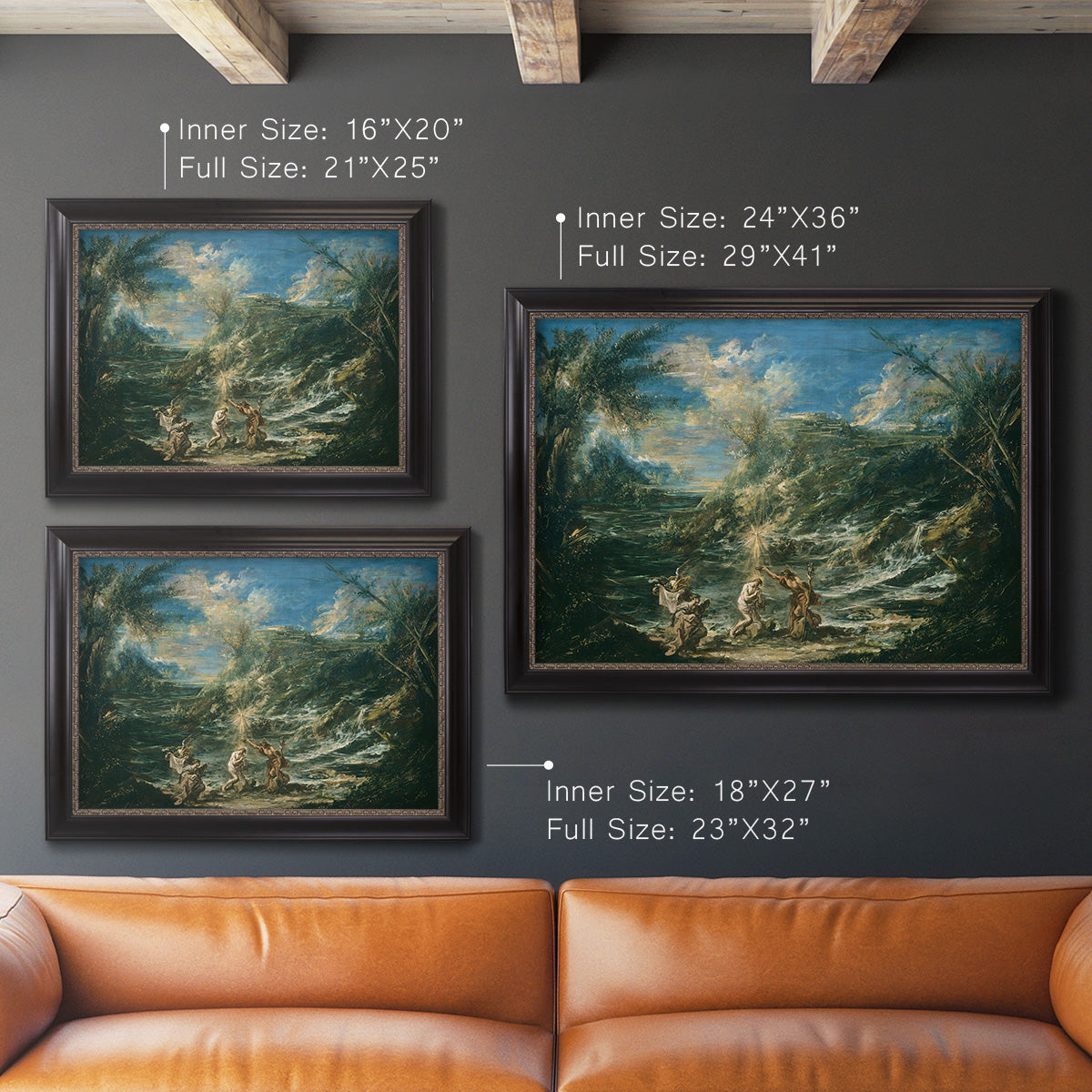 Religious landscape depicting the baptism of Christ by Alessandro Magnasco in an ornate black frame with gilded inner detail shown in multiple size options.