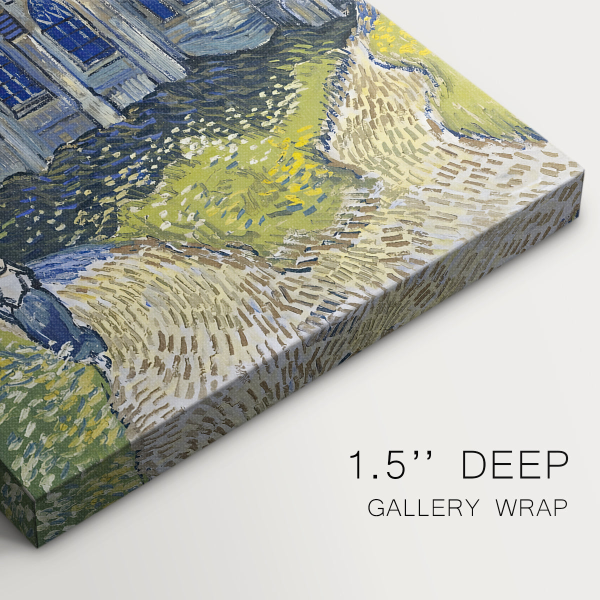 Close-up of a gallery-wrapped canvas corner showing a vivid scene with strong contrast and texture, highlighting texture and print detail.
