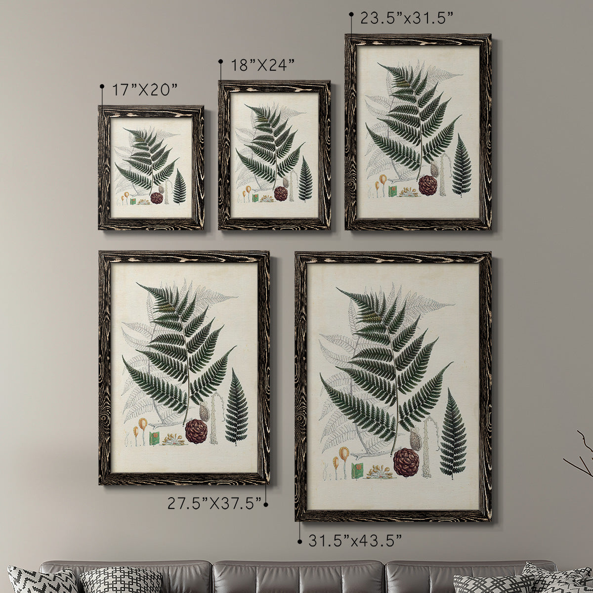 Size comparison chart for a set of two black barnwood framed canvas prints.