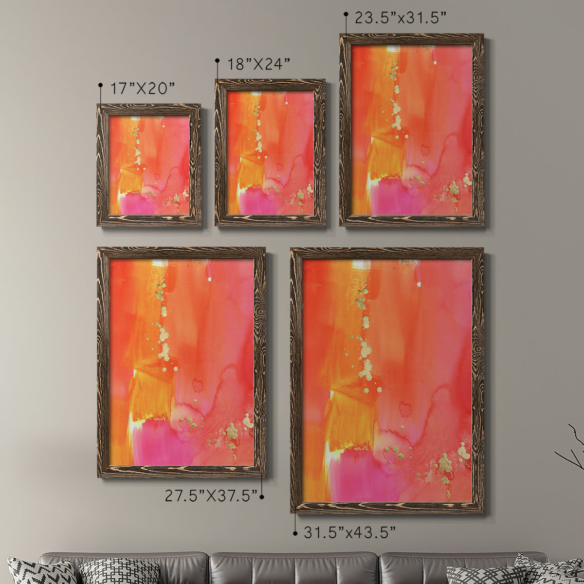 Size comparison chart for a set of two walnut barnwood framed canvas prints.