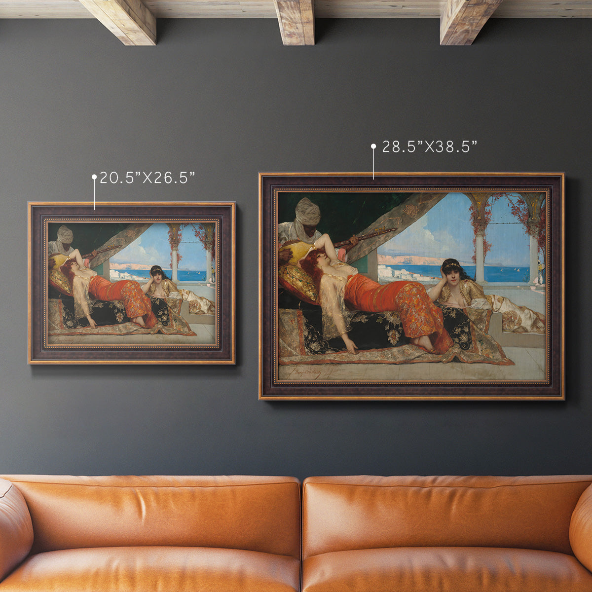 Orientalist portrait scene by Jean-Joseph Benjamin-Constant in an ornate bronzed mahogany wood frame shown in multiple size options.
