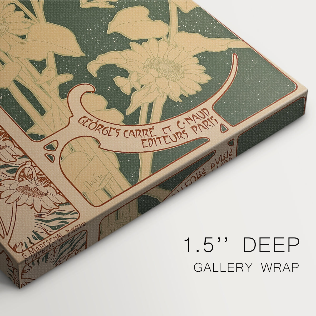 Close-up of a gallery-wrapped canvas corner showing a classic print combining portrait and editorial branding, highlighting texture and print detail.