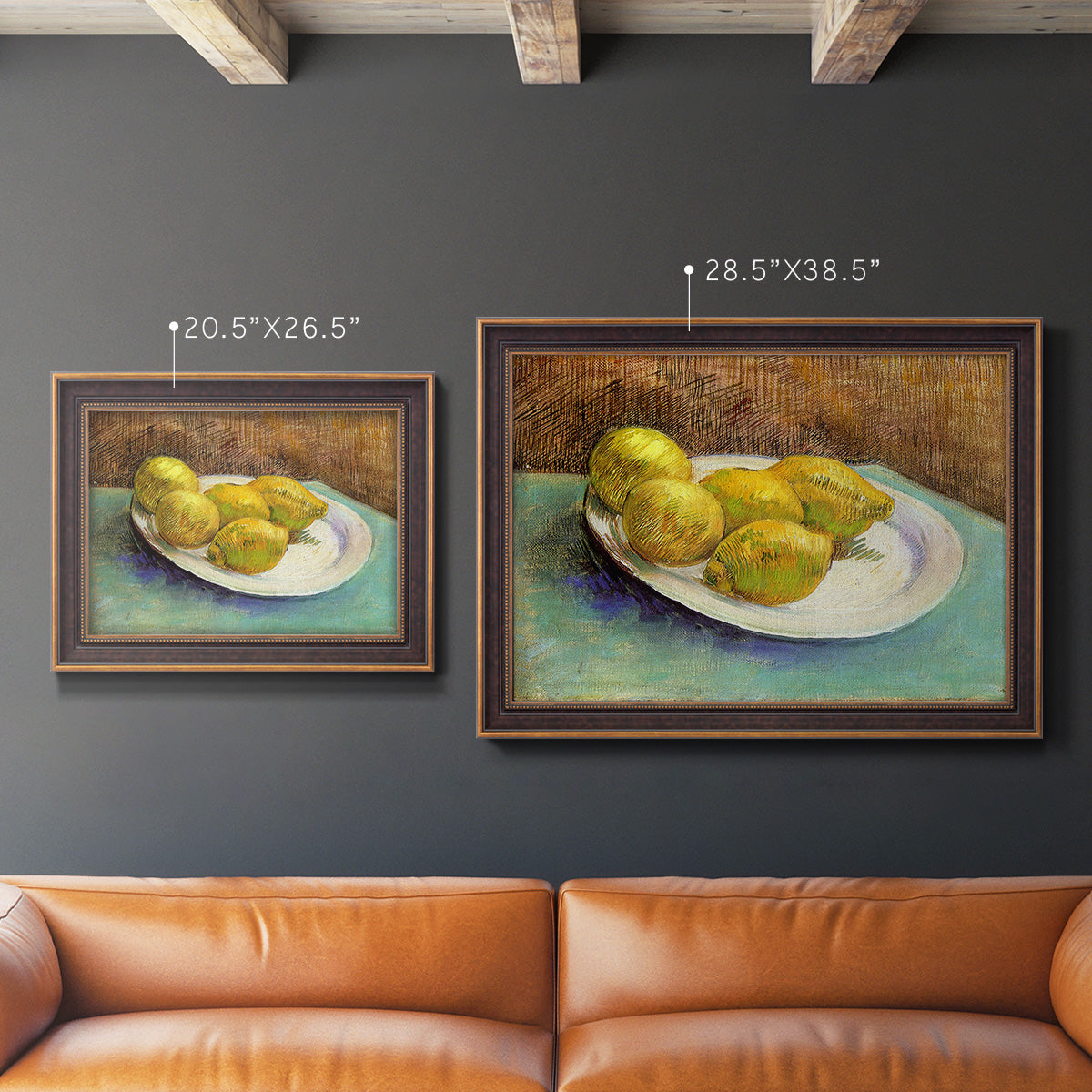 Impressionist still life with lemons by Vincent van Gogh in an ornate bronzed mahogany wood frame shown in multiple size options.
