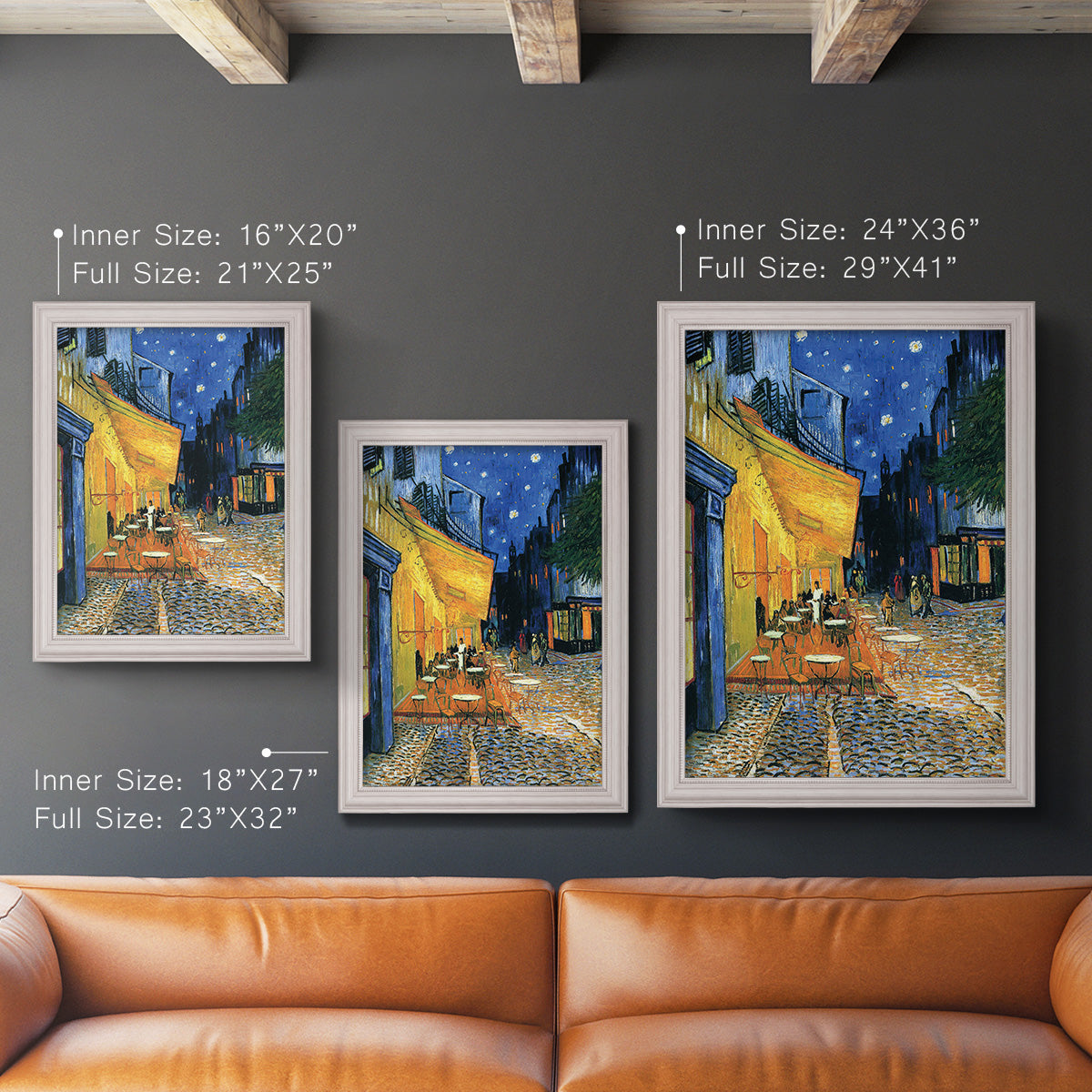 Impressionist night café street scene by Vincent van Gogh in an ornate weathered white frame shown in multiple vertical size options.