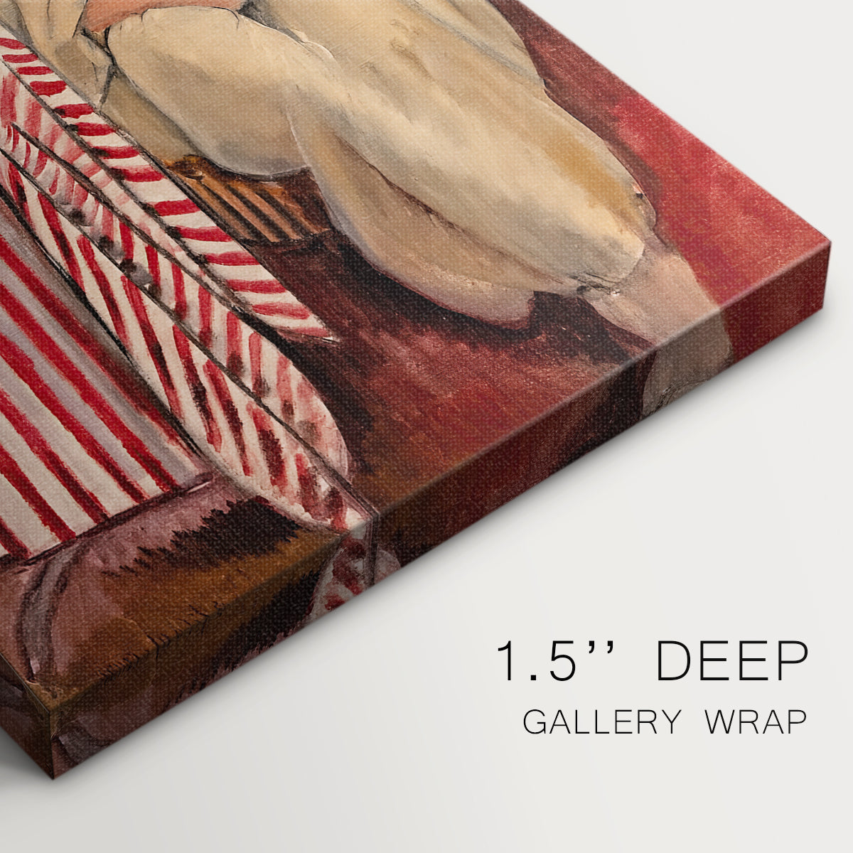 Close-up of a gallery-wrapped canvas corner showing a quiet interior with a seated figure and vibrant tones, highlighting texture and print detail.