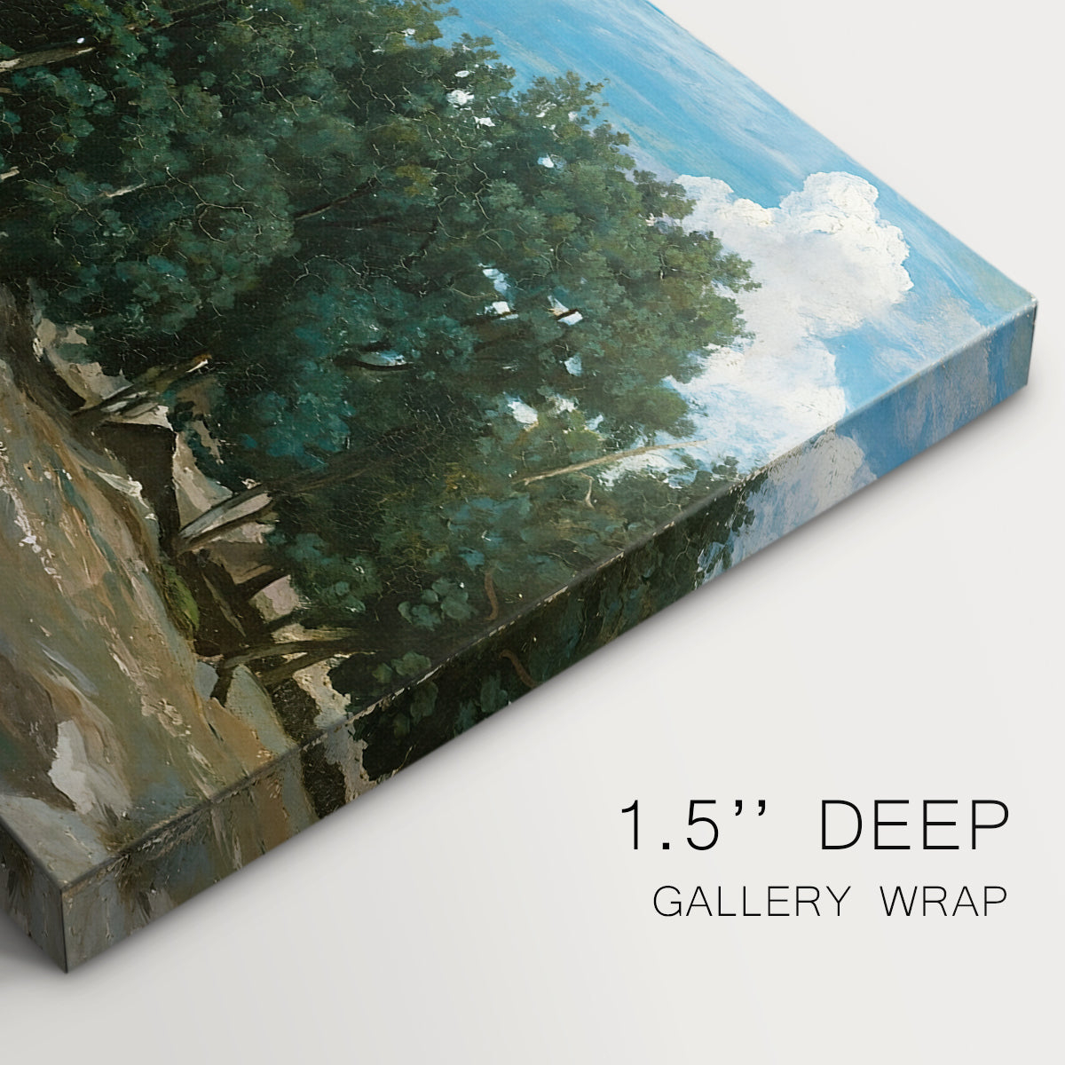 Canvas art print of large oak trees dominating forest landscape with open ground beneath, highlighting texture and gallery-wrapped edges