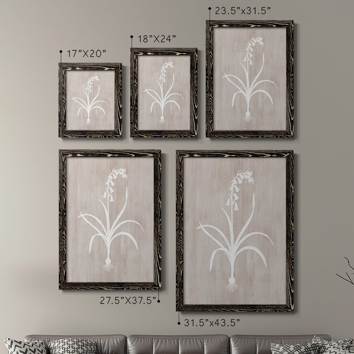 Size comparison chart for a set of two black barnwood framed canvas prints.