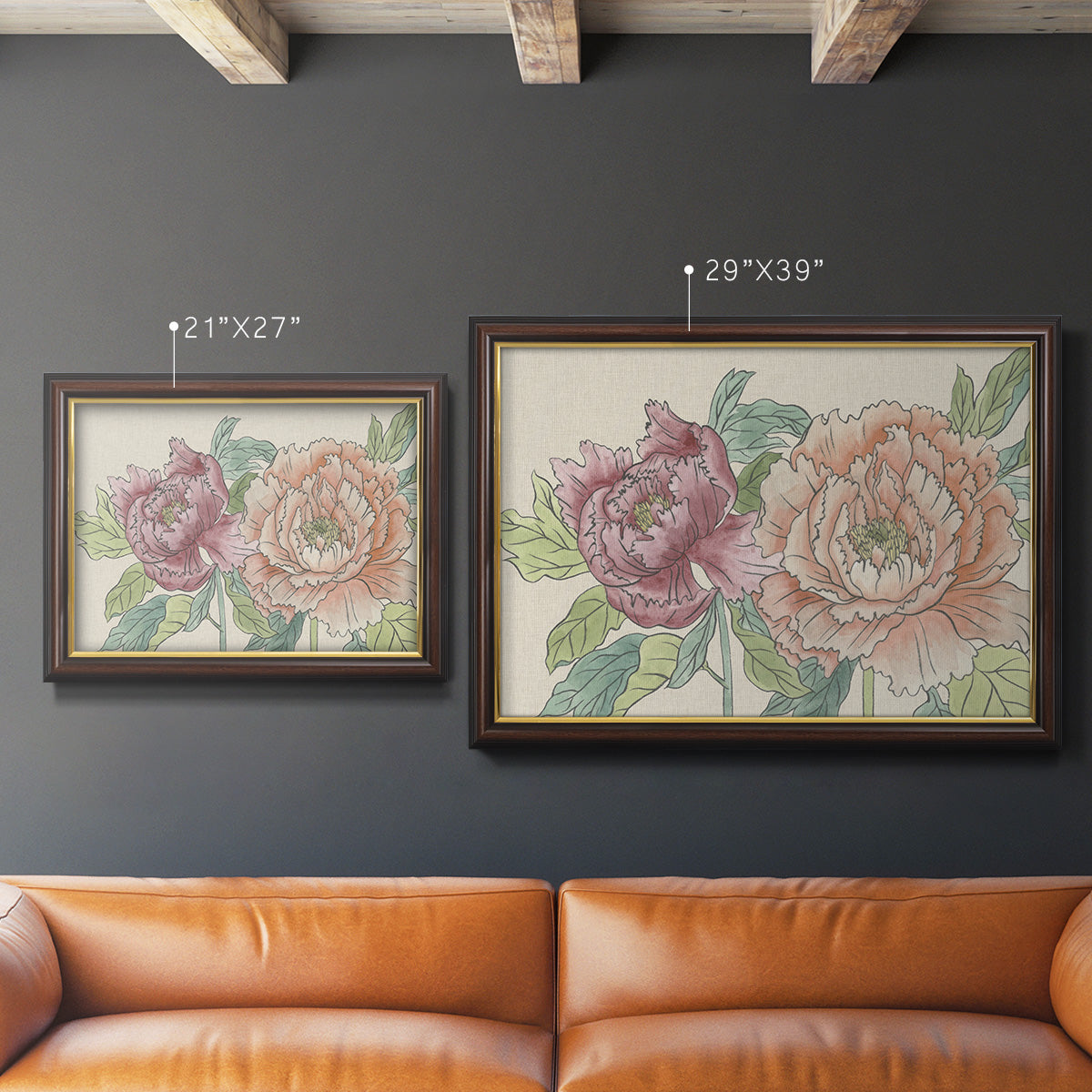 Modern peony floral drawing in an ornate mahogany wood frame with gold liner shown in multiple size options.