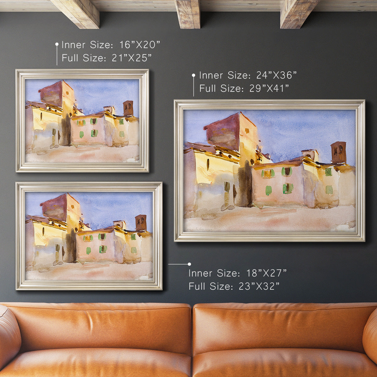 Impressionist Italian village scene by John Singer Sargent in an ornate champagne frame shown in multiple size options.