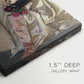 Close-up of a gallery-wrapped canvas corner showing a composed figure with detailed attire and light, highlighting texture and print detail.