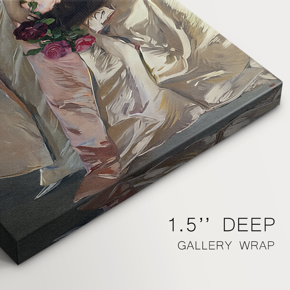 Close-up of a gallery-wrapped canvas corner showing a composed figure with detailed attire and light, highlighting texture and print detail.