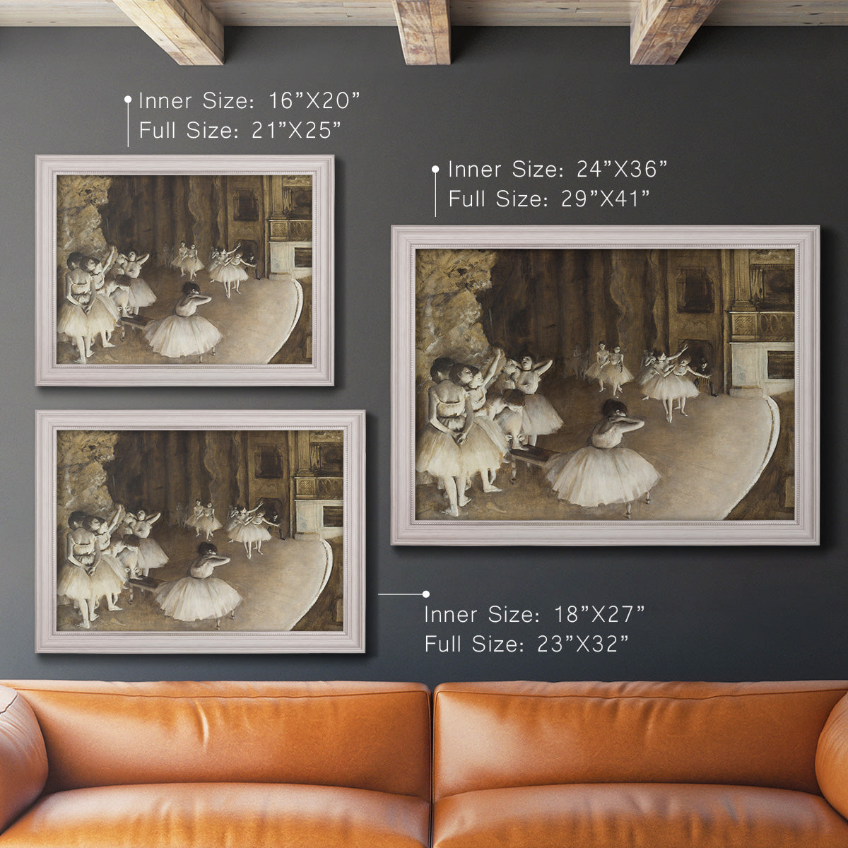 Impressionist ballet rehearsal scene by Edgar Degas in an ornate weathered white frame shown in multiple size options.