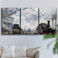 Three-panel canvas wall art featuring playful peach toned floral composition, displayed in a living room above a sofa.