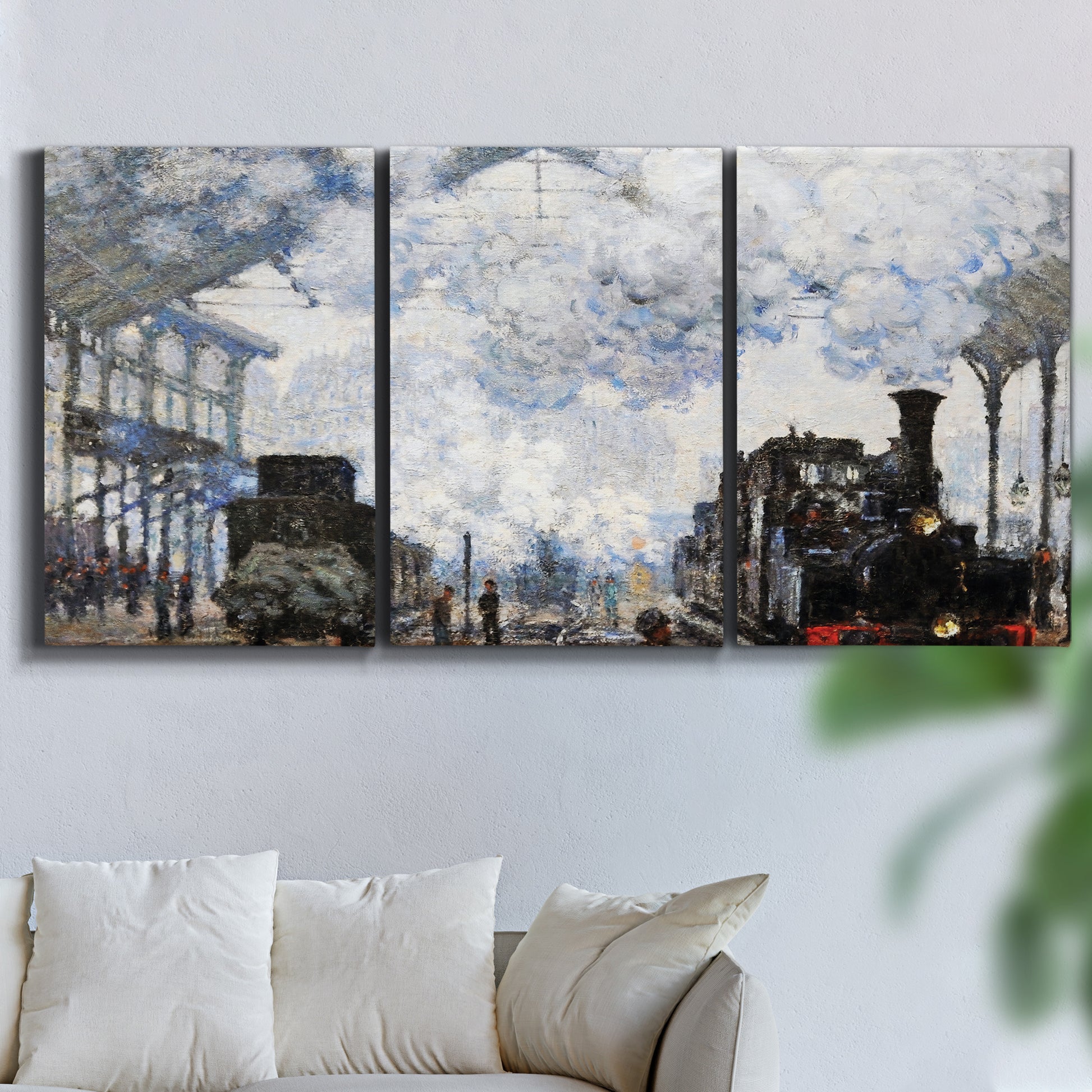 Three-panel canvas wall art featuring playful peach toned floral composition, displayed in a living room above a sofa.
