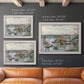 Impressionist river bridge scene on an overcast day by Claude Monet in an ornate weathered white frame shown in multiple size options.