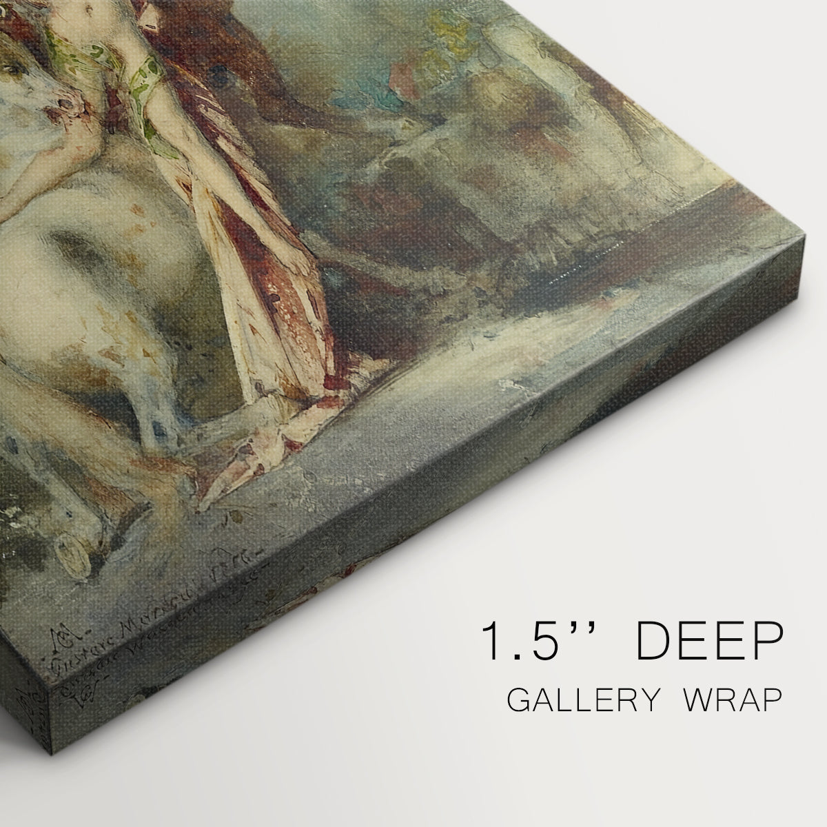 Close-up of a gallery-wrapped canvas corner showing a dramatic image with layered forms and contrast, highlighting texture and print detail.