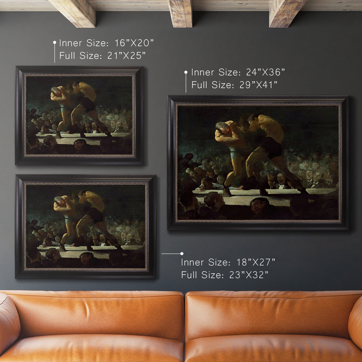 American social club scene painting by George Bellows in an ornate black frame with gilded inner detail shown in multiple size options.