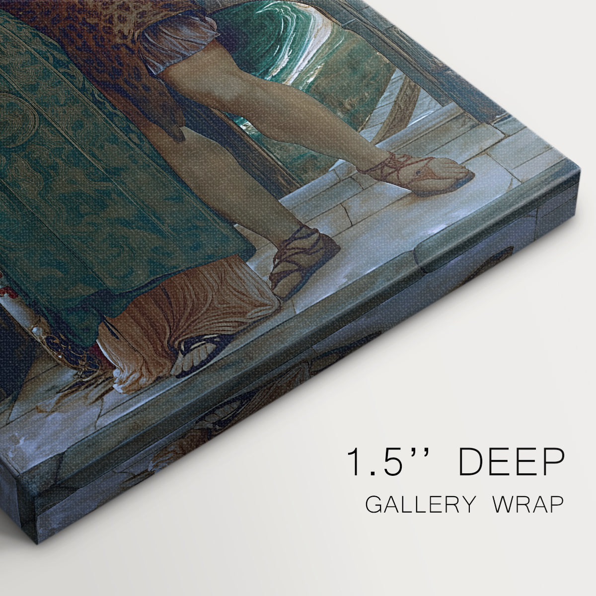 Close-up of a gallery-wrapped canvas corner showing a calm depiction of two figures in a shared moment, highlighting texture and print detail.