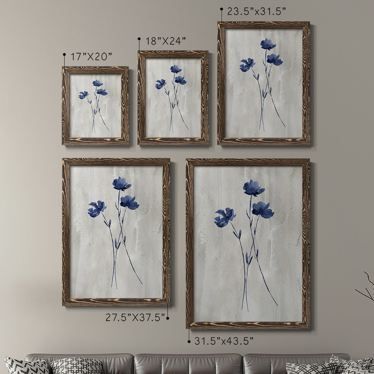 Size comparison chart for a set of two walnut barnwood framed canvas prints.