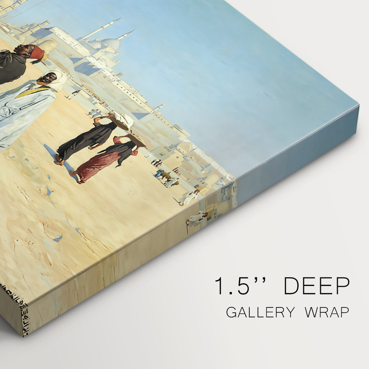 Canvas art print of figures traveling across desert with distant city and tombs on horizon, highlighting texture and gallery-wrapped edges