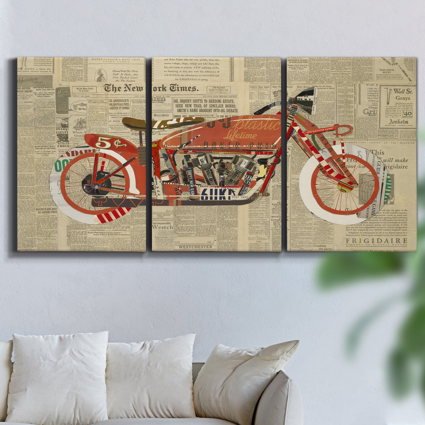 Three-panel canvas wall art featuring vintage red vehicle collage detail, displayed in a living room above a sofa.