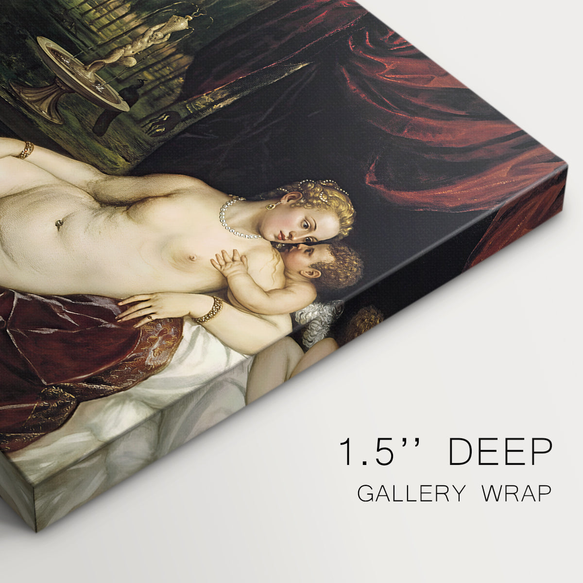 Canvas art print of a reclining Venus with seated organist and Cupid in rich interior setting, highlighting texture and gallery-wrapped edges