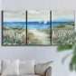 Three-panel canvas wall art featuring lush coastal garden landscape, displayed in a living room above a sofa.