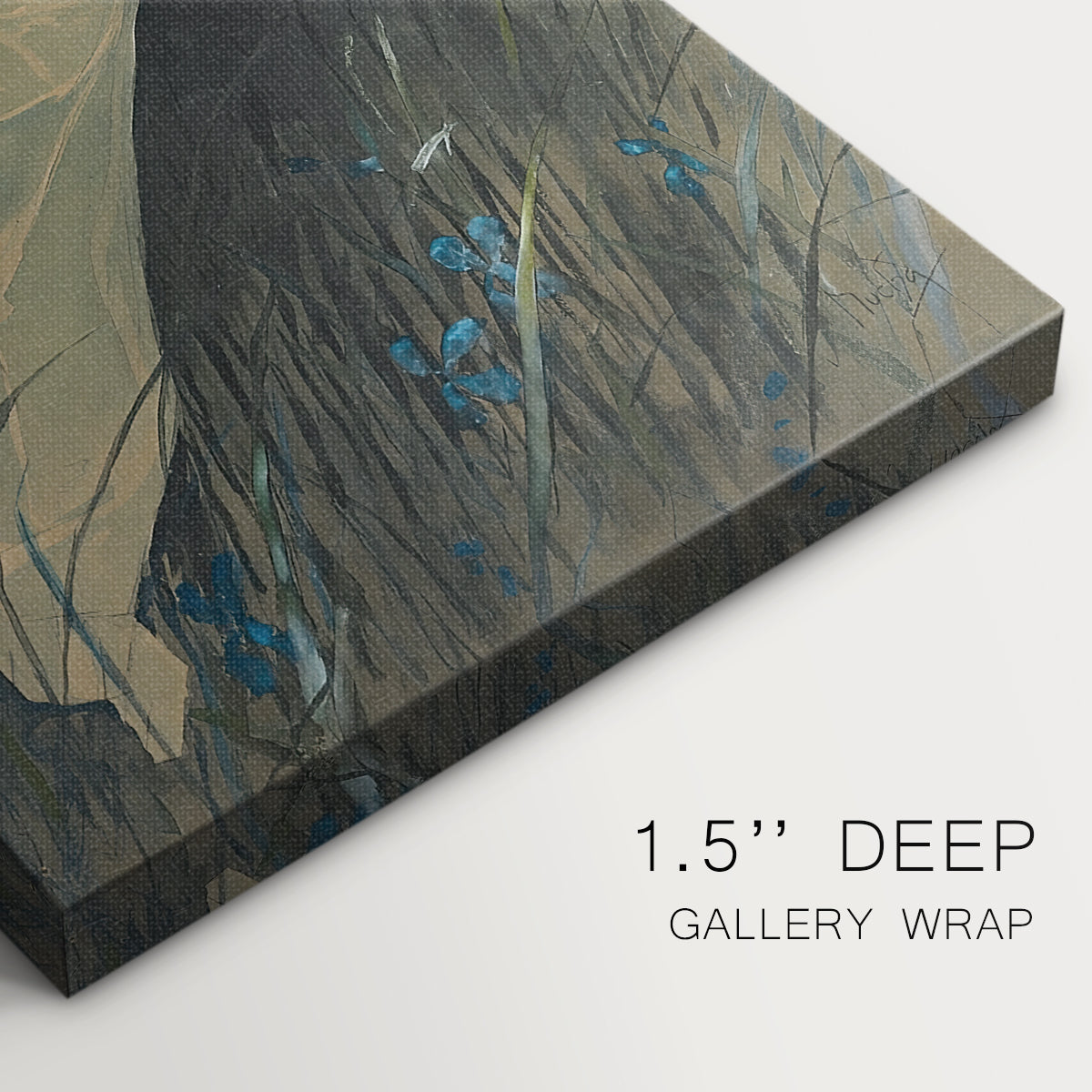 Close-up of a gallery-wrapped canvas corner showing a vintage fantasy portrait with botanical details, highlighting texture and print detail.