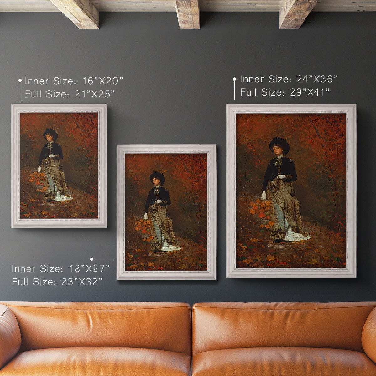 Realist autumn portrait scene by Winslow Homer in an ornate weathered white frame shown in multiple vertical size options.