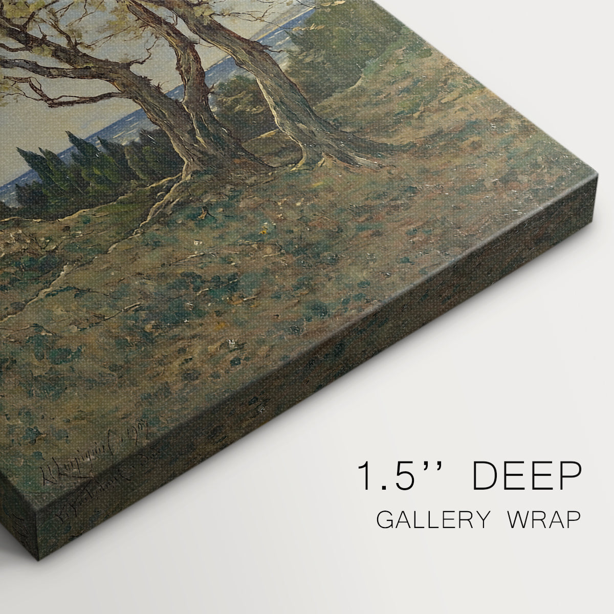 Close-up of a gallery-wrapped canvas corner showing a quiet nature view with soft textures, highlighting texture and print detail.