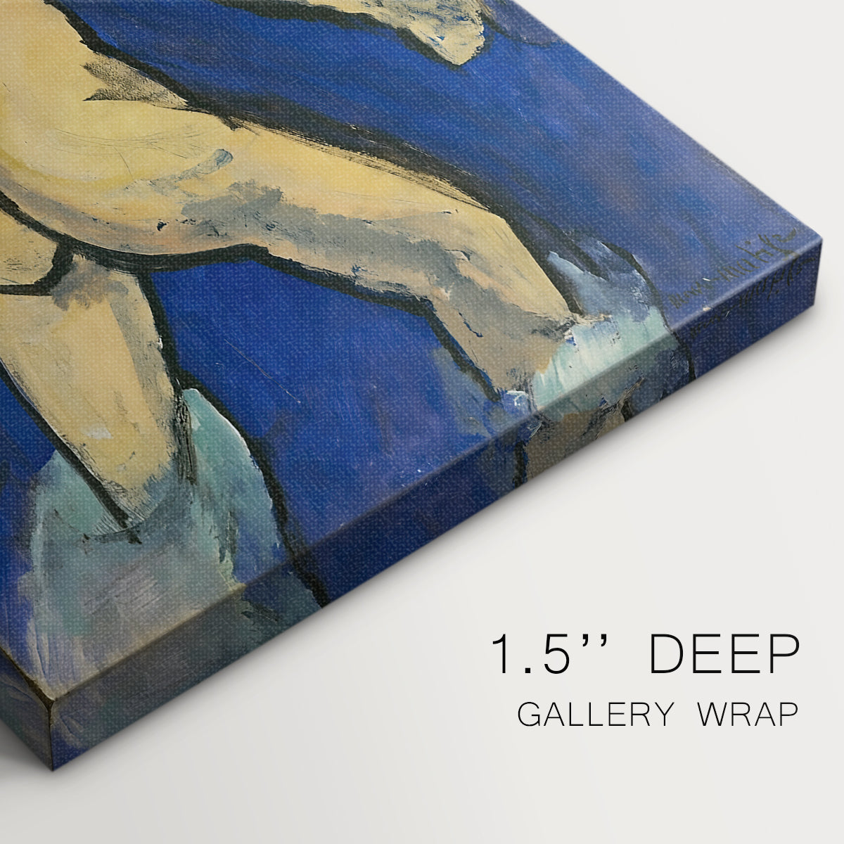 Close-up of a gallery-wrapped canvas corner showing a simplified composition with a single figure, highlighting texture and print detail.