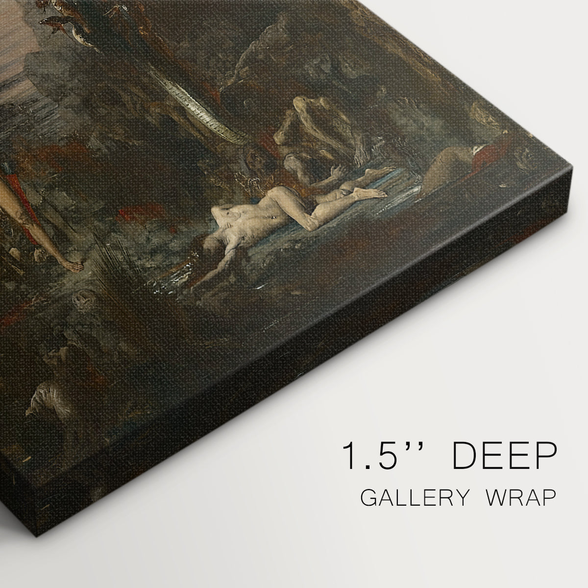 Close-up of a gallery-wrapped canvas corner showing a vivid scene with tension and layered detail, highlighting texture and print detail.