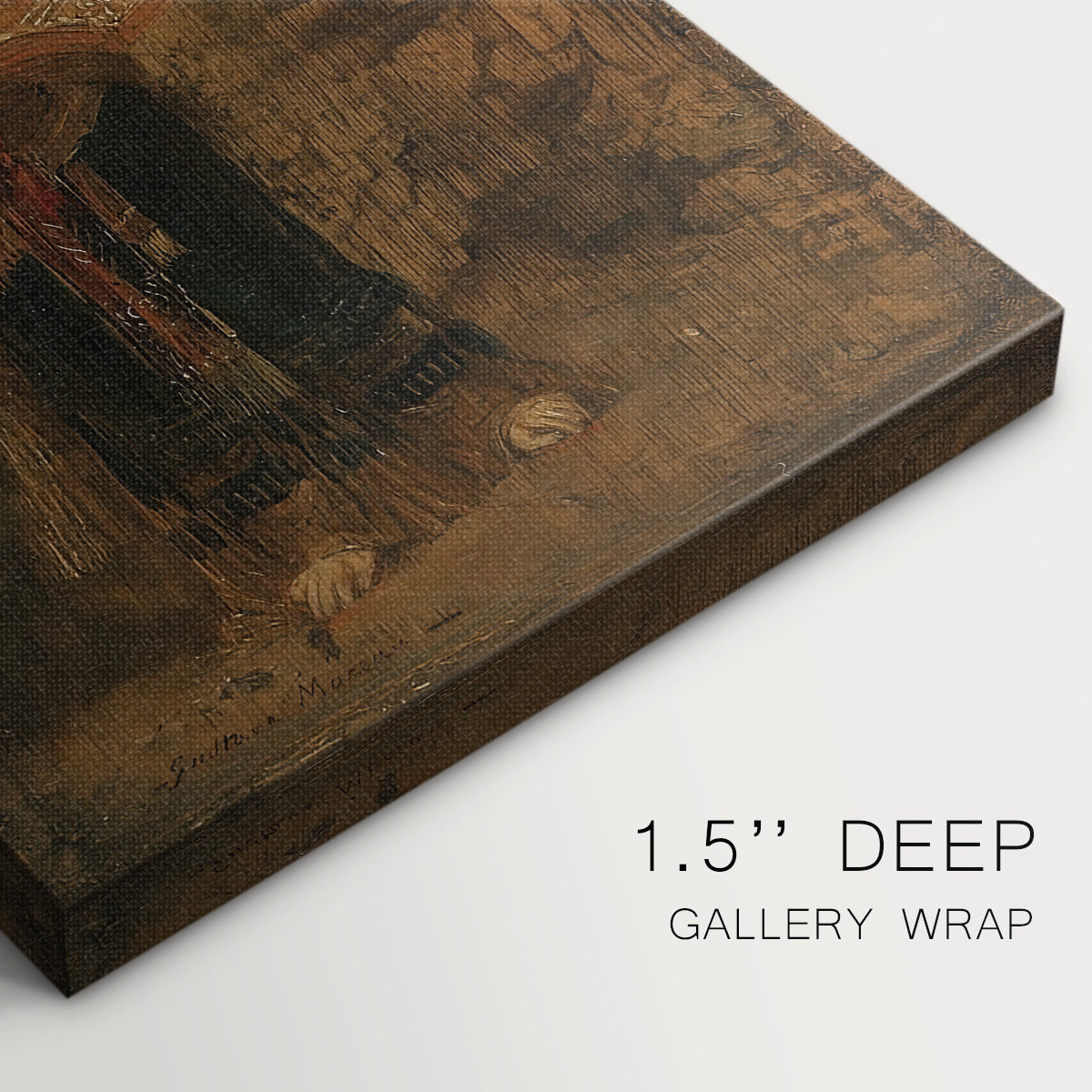 Close-up of a gallery-wrapped canvas corner showing a refined image with narrative focus and soft shading, highlighting texture and print detail.