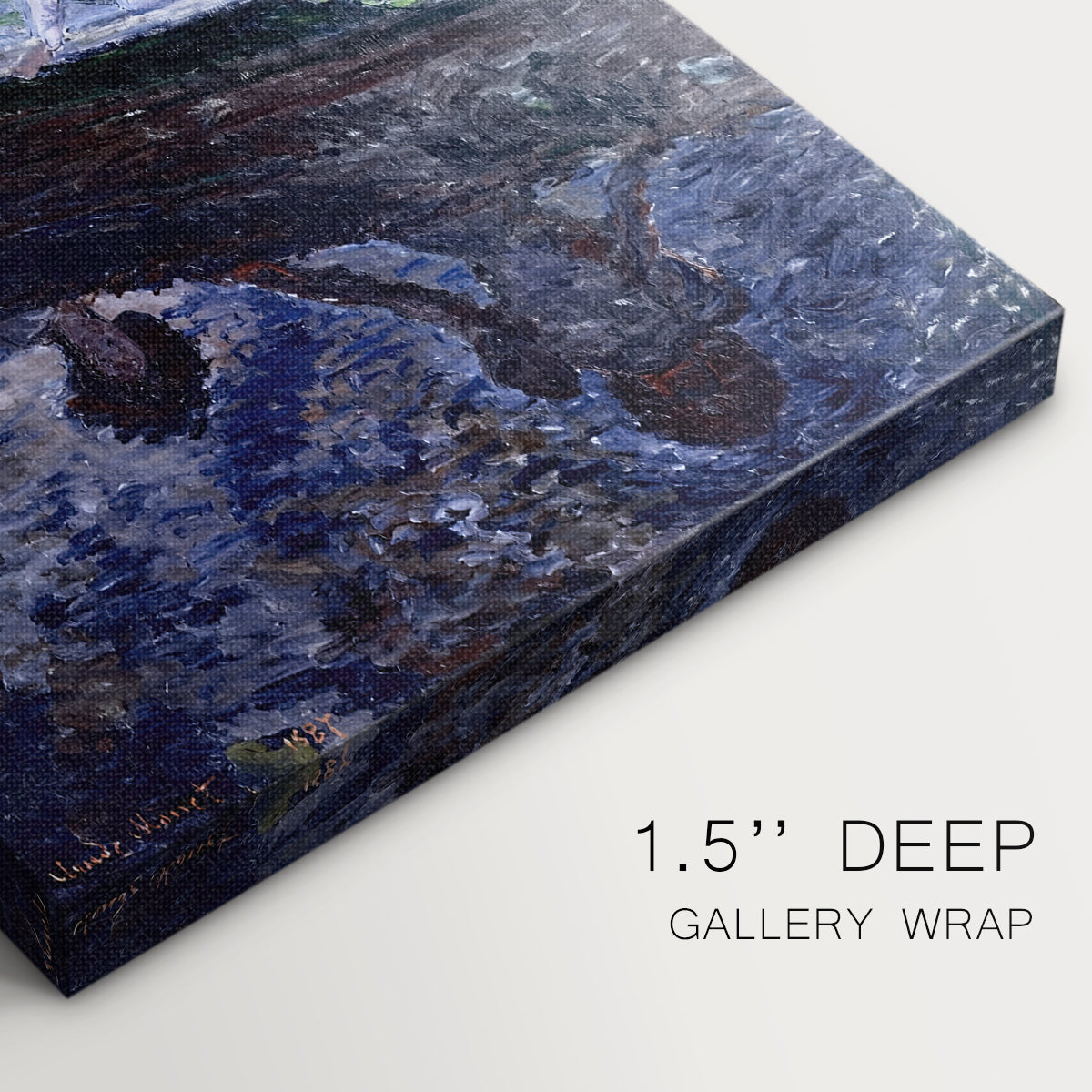 Close-up of a gallery-wrapped canvas corner showing a quiet composition with figures floating on still water, highlighting texture and print detail.