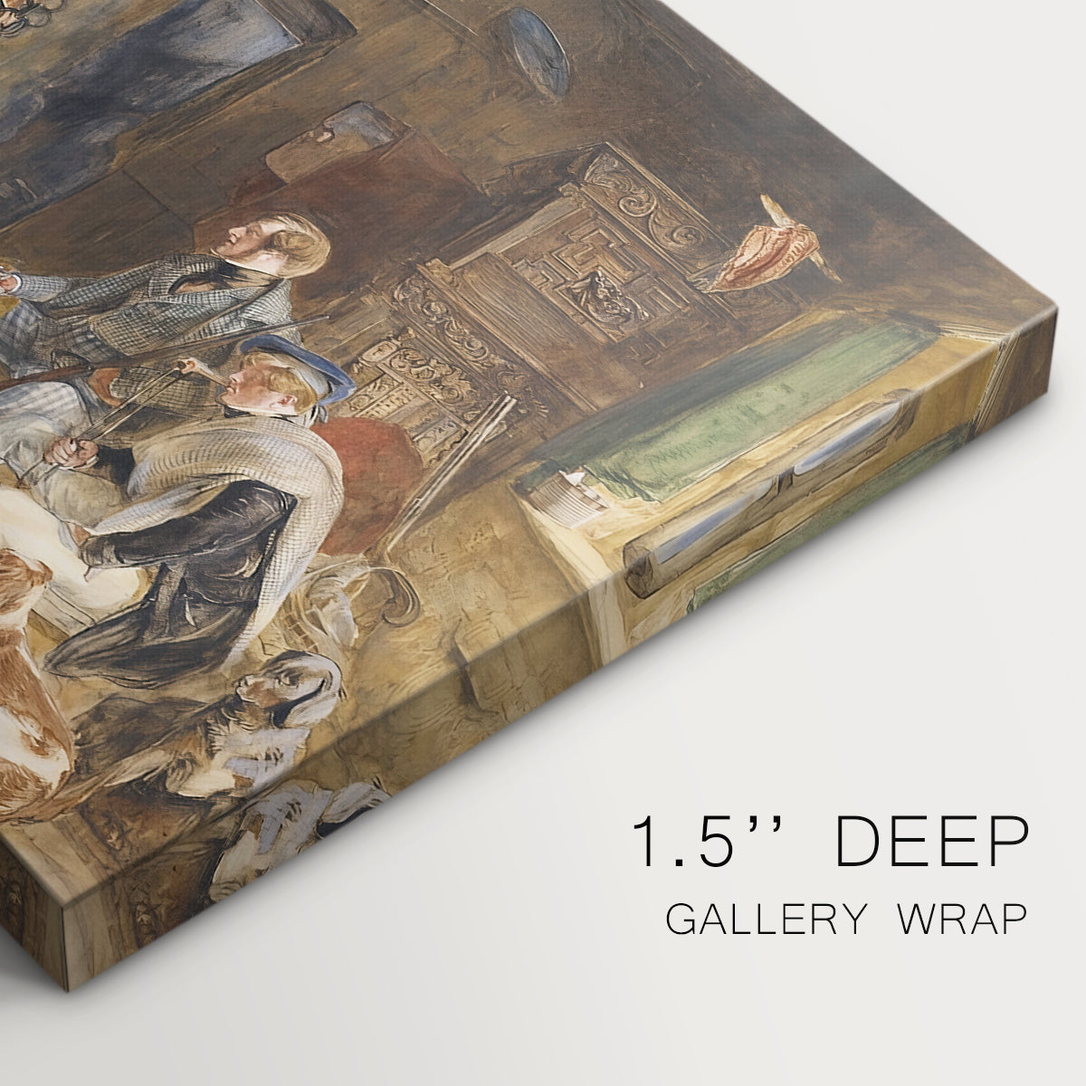 Canvas art print of a group of figures gathered indoors sharing food in rustic setting, highlighting texture and gallery-wrapped edges